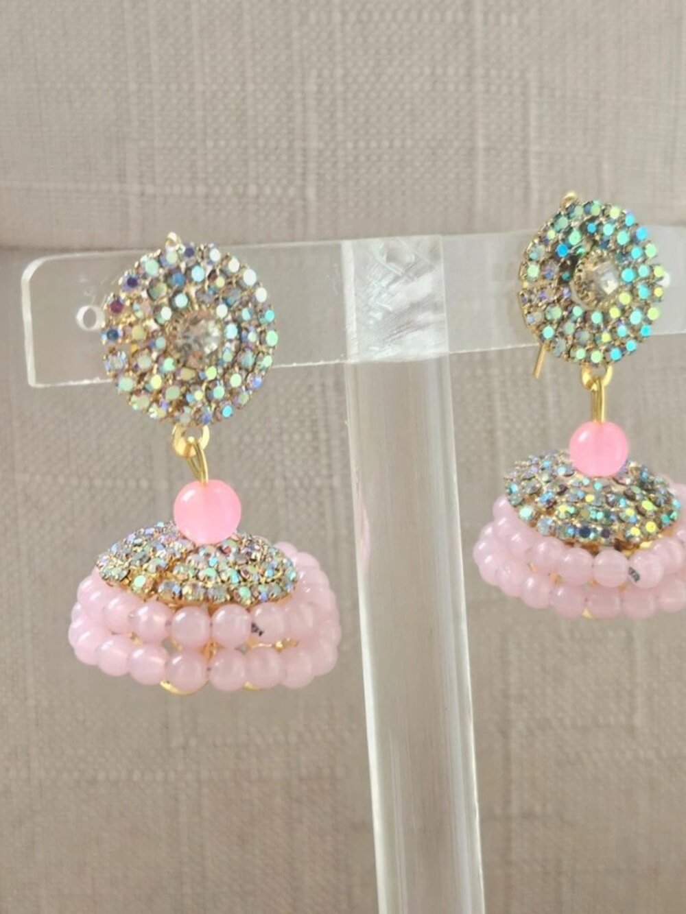 Fashion Earrings Pink Beads Chandelier Jhumka Traditional Pakistani Earrings - Picture 7 of 12